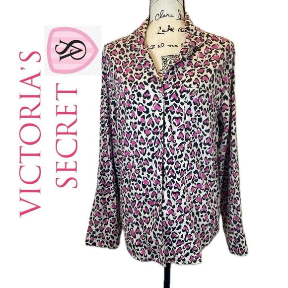 VICTORIA SECRET PJ TOP PINK HEARTS CHEETAH SZ M L SOFT AESTHETIC ANIMAL PRINT - Picture 1 of 15
